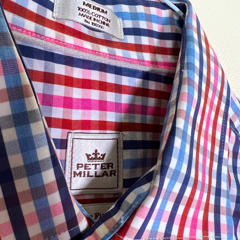 Peter Millar dress shirt. Medium. Red, blue and pink checkered.